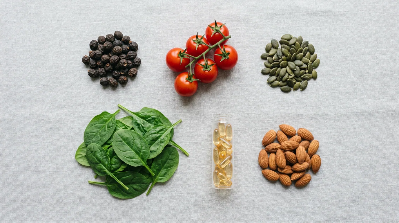 Flat-lay of saw palmetto berries, tomatoes, pumpkin seeds, spinach and almonds - Hardero supplement ingredients