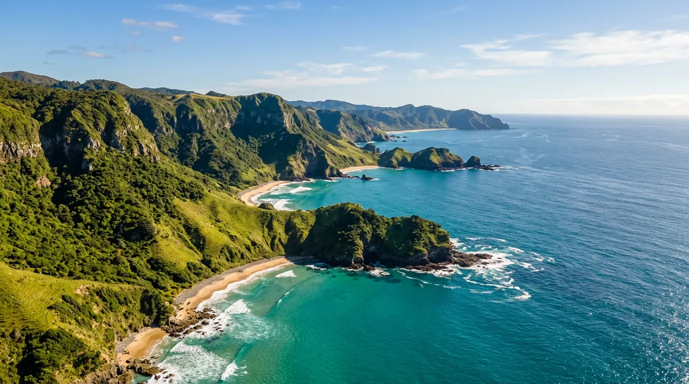 Aerial view of New Zealand coastal landscape - green cliffs and turquoise ocean for men's wellness inspiration