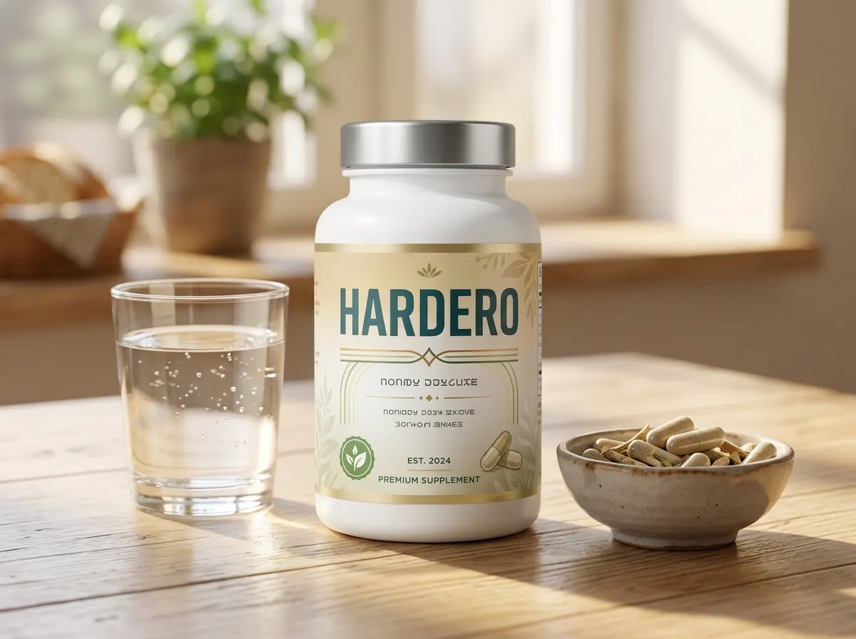 Hardero navy supplement bottle beside fresh tomatoes, pumpkin seeds and green leaves on wooden surface